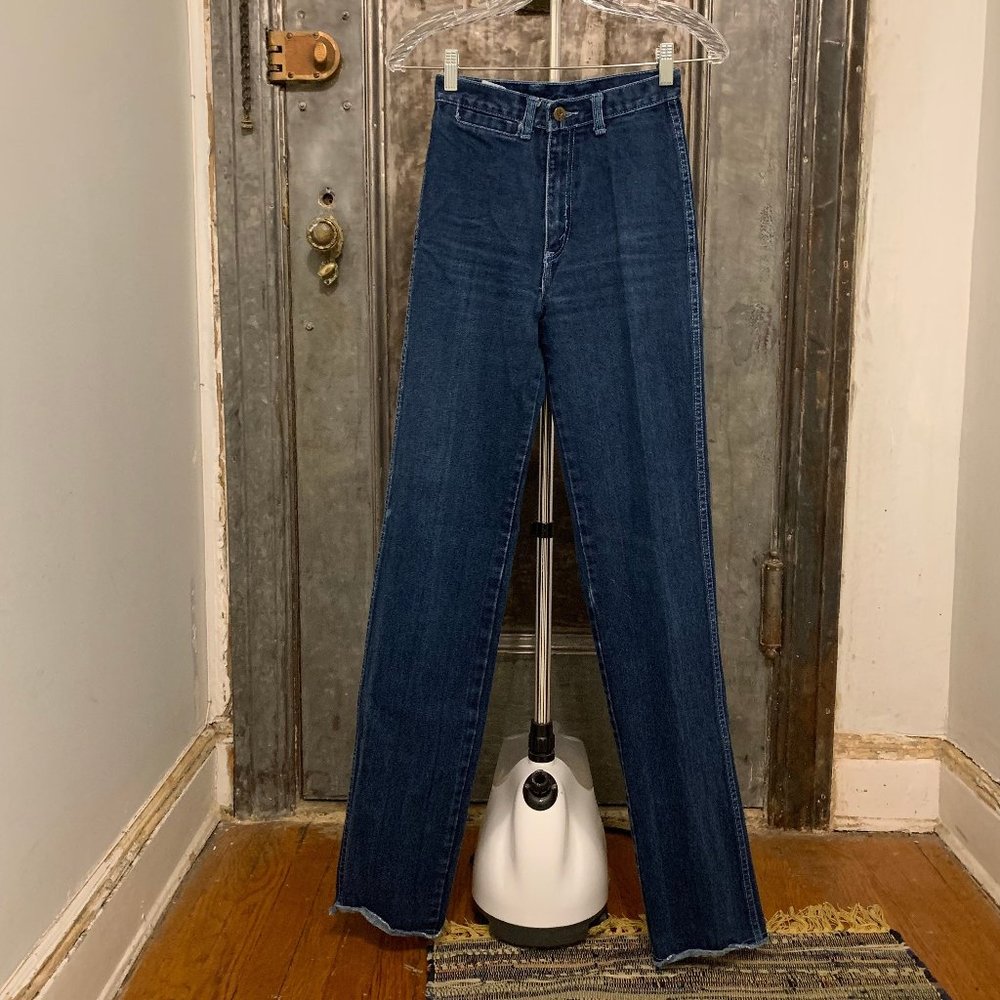 XS XXS 24" waist Vintage 70s straight leg  jeans blue  medium wash high waisted